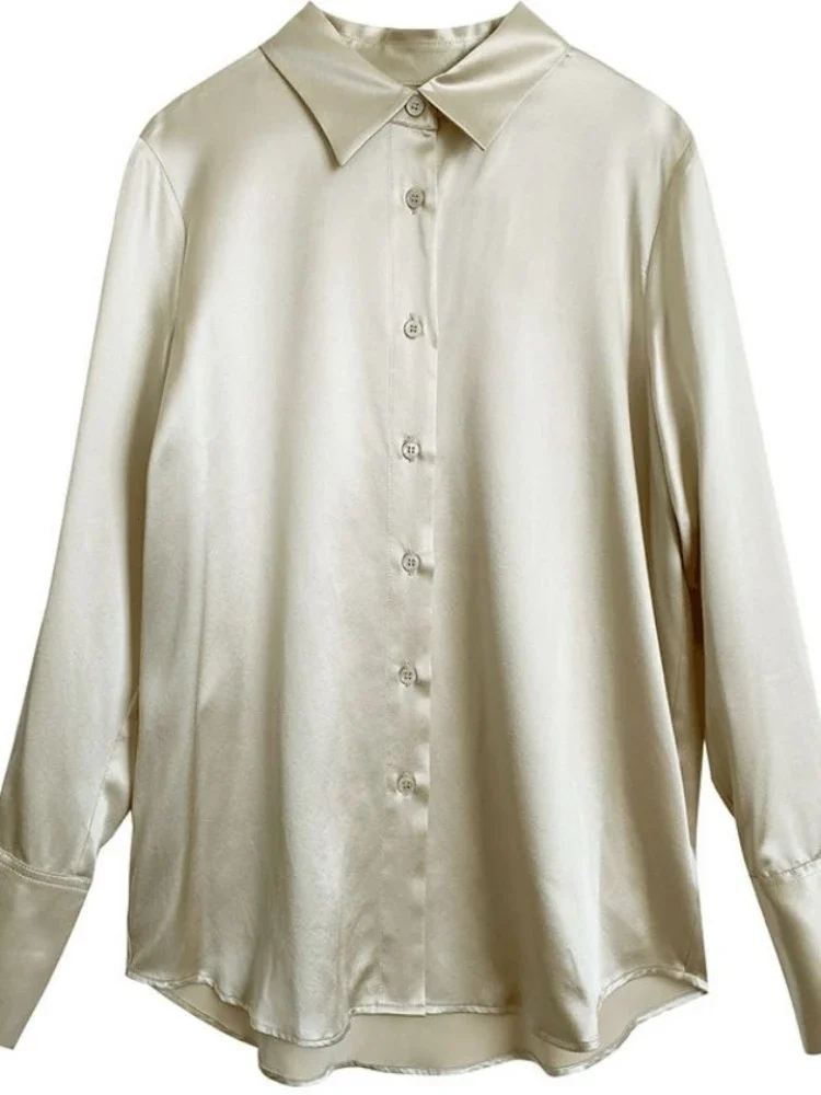 Blusa de moda para mujer, camisa blanca de manga larga, blusa de seda elegante para verano, 2022