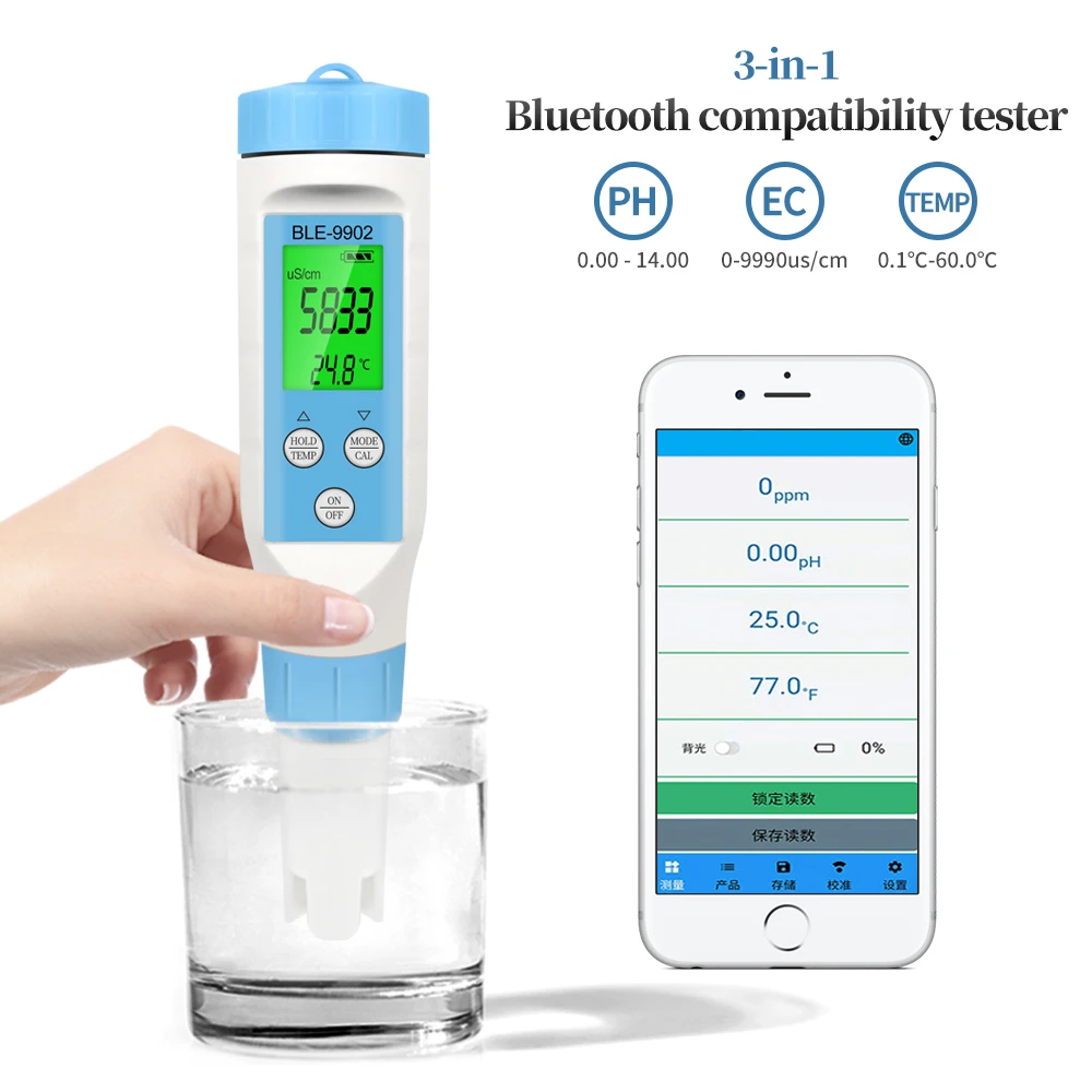 3 IN 1 PH EC Temp Pen Blue Tooth-compatible APP Control Water Quality Monitor Tester for Pools Drinking Water Aquariums