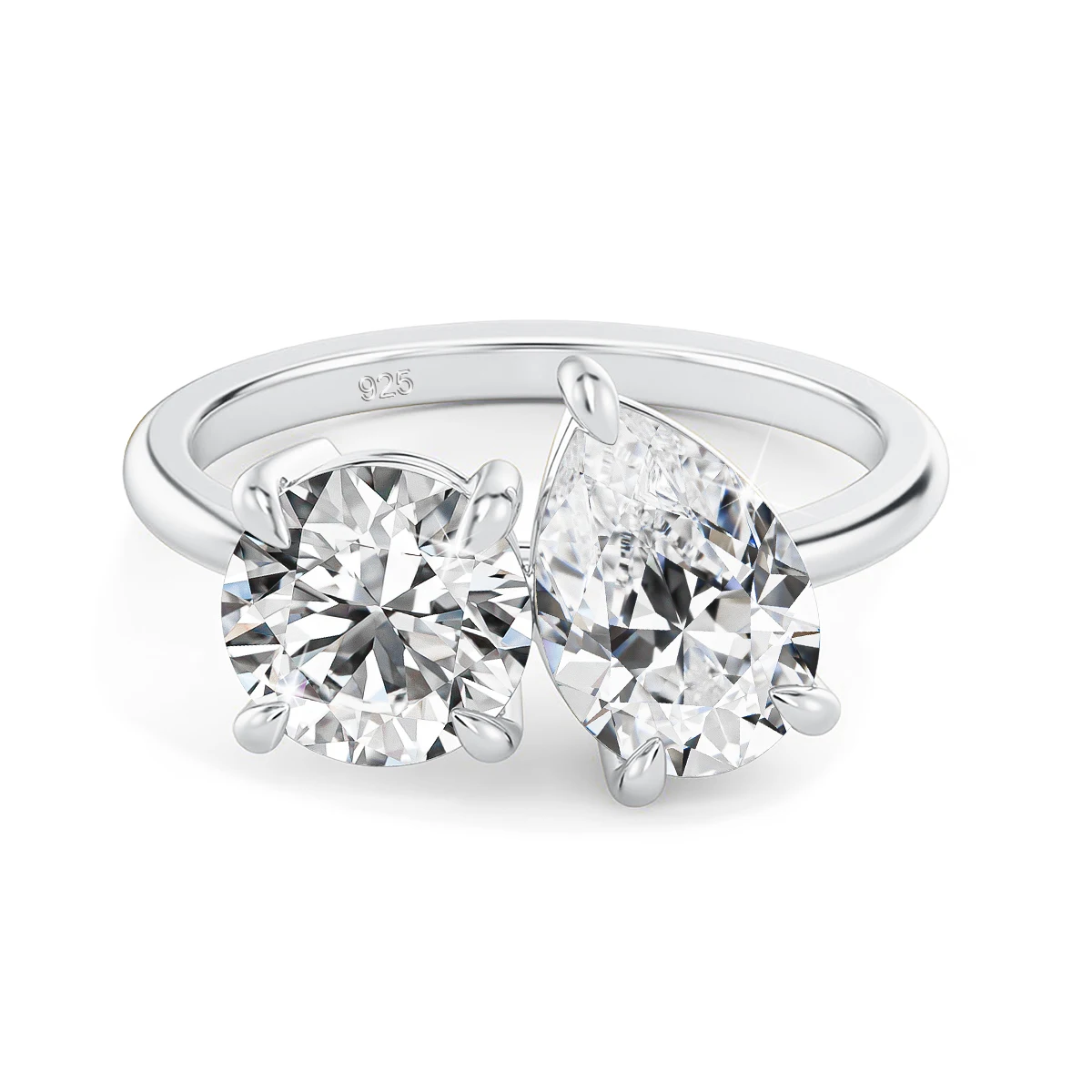 Runder Birnenförmiger Moissanit-Diamantring für Damen, Zweisteinige Eheringe, 925 Silber, 18k Vergoldet, Verlobungsschmuck – Detail 8