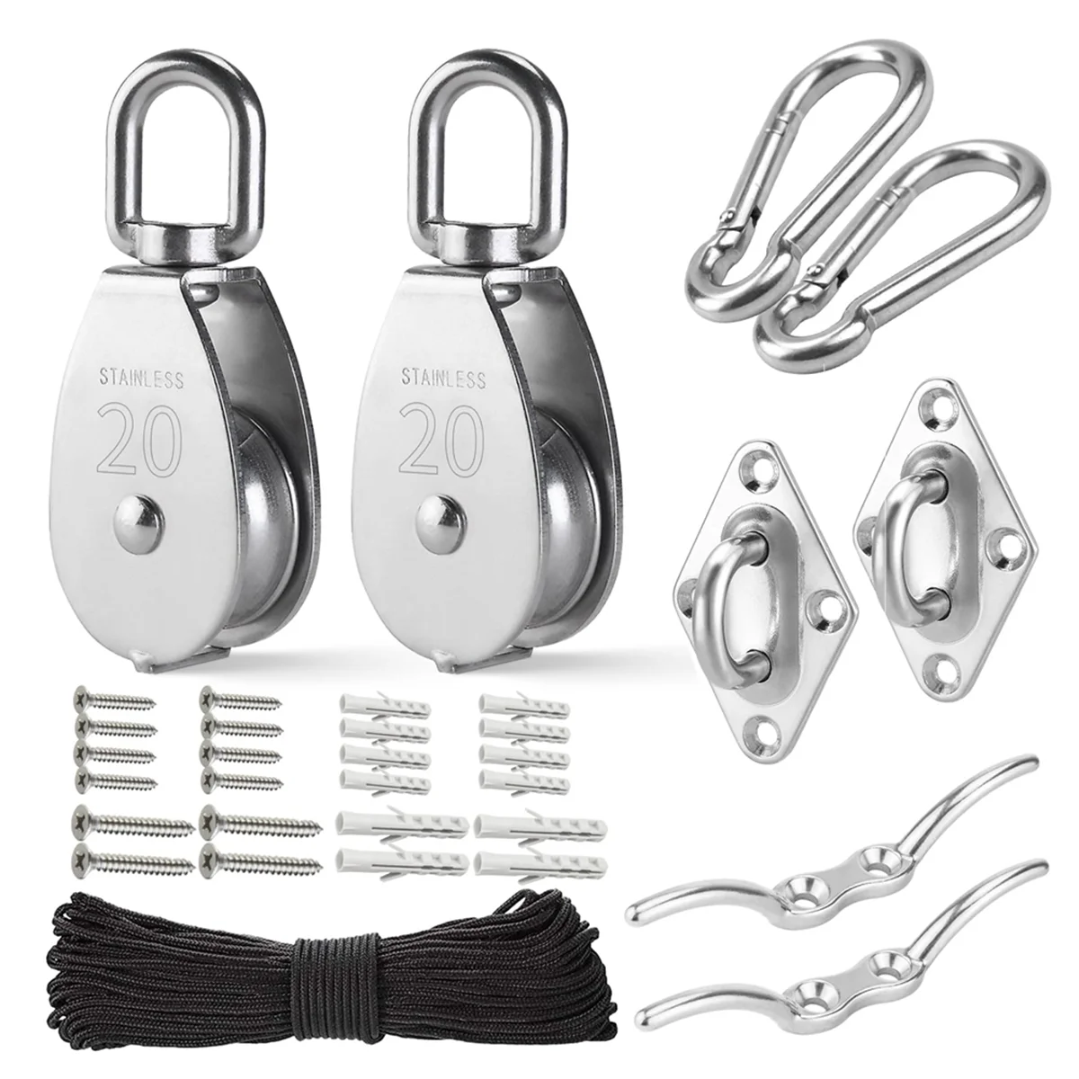 M20 Stainless Steel Pulley System Kit-Heavy-Duty Pulley Wheel, Pulley Block with Nylon Rope 4MM, Hooks, Plate (2 Pack)