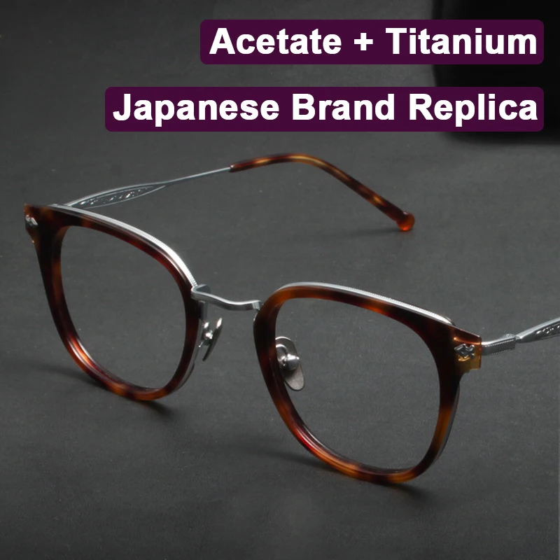 

Japanese Brand Replica Retro Tortoiseshell Design Acetate+Pure Titanium Glasses Frame Carving Temple Men Women Fashion Eyeglass