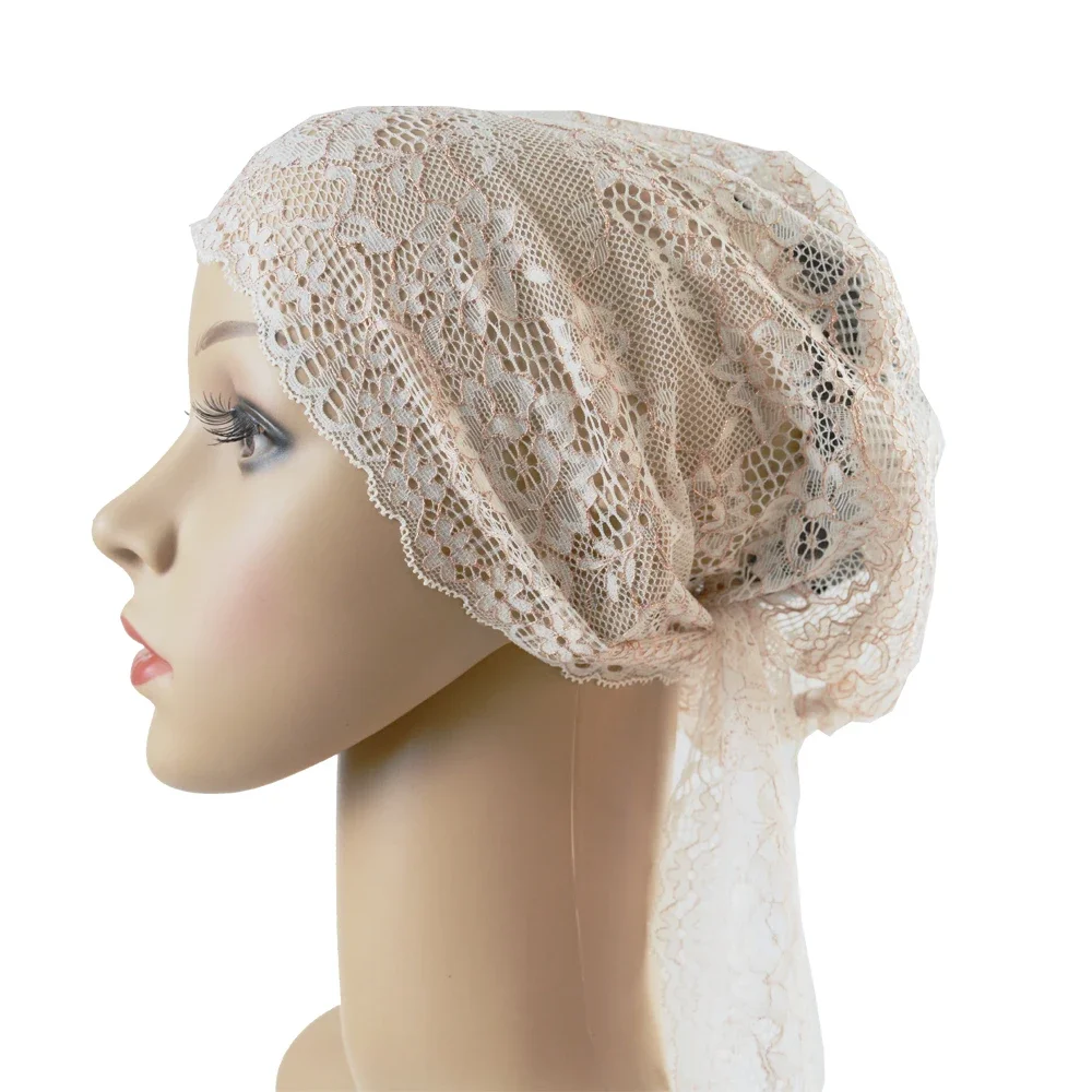 Vrouwen Moslim Innerlijke Kant Cap Hijab Arabische Kant Islamitische Hoofddeksels Tulband Hoed Wraps Arabische Bloem Kant Tulband Motorkap Hoed