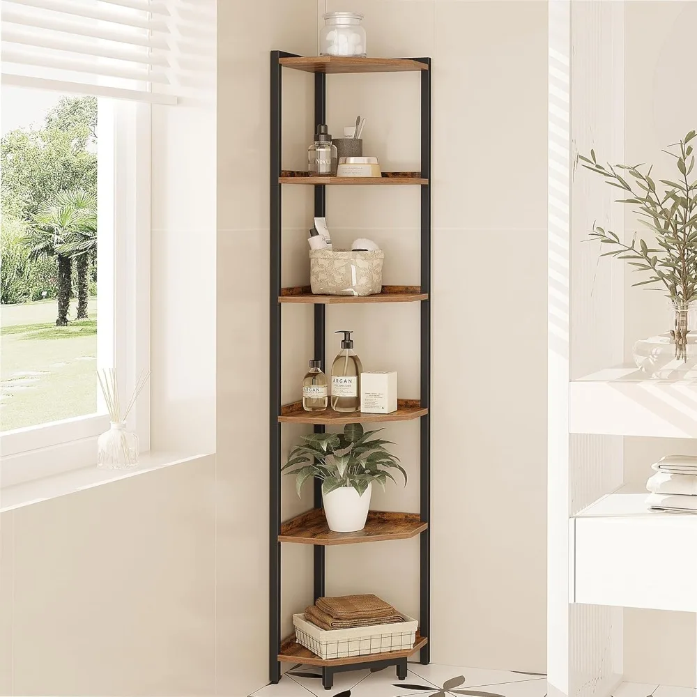 

Corner Shelf Stand, Corner Bookshelf, Storage Standing Shelf Unit with Metal Frame, Plant Stand, Corner Bookcase for Living Room