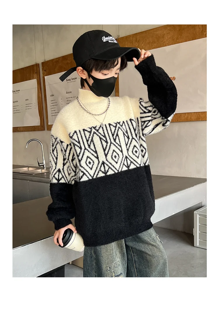 Frühlingsmode Jungen Nerzpullover für 5-14-Jährige Kinder Geometrische Strickwaren Eleganter Halbrollkragen Gestrickte Kleidung – Detail 11