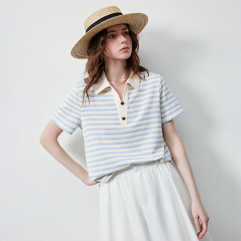 TOYOUTH Women's T-Shirt 2026 Summer New Hollow Stripe Color Block Polo Collar Nautical Top, Loose Fit Vintage Tee image 2