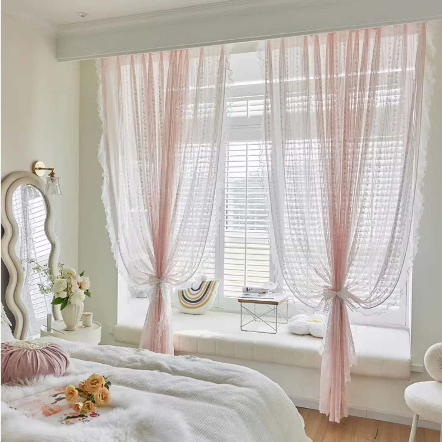 Imagem -05 - Francês Romântico Sheer Rosa Plissado Cortinas para Meninas Quarto Princesa Estilo Bay Janela Cortinas Sala de Estar Portas Deslizantes