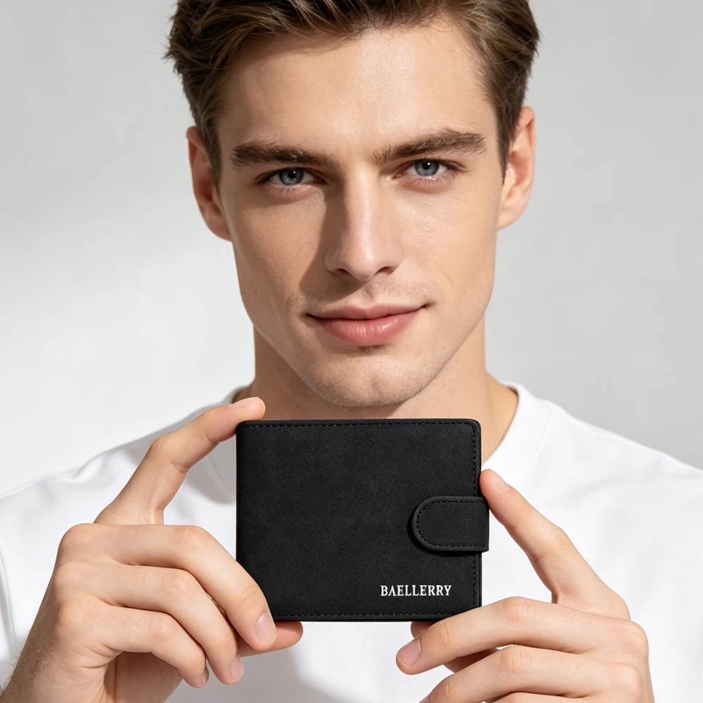【Handmade by Master Craftsmen】1Pc-Baellerry Vintage Minimalist Matte Texture Men's Short Wallet, Snap Closure Short Wallet with Coin Pocket, Photo Id Window, and Multiple Card Slots, Gift for Boyfriend or Father