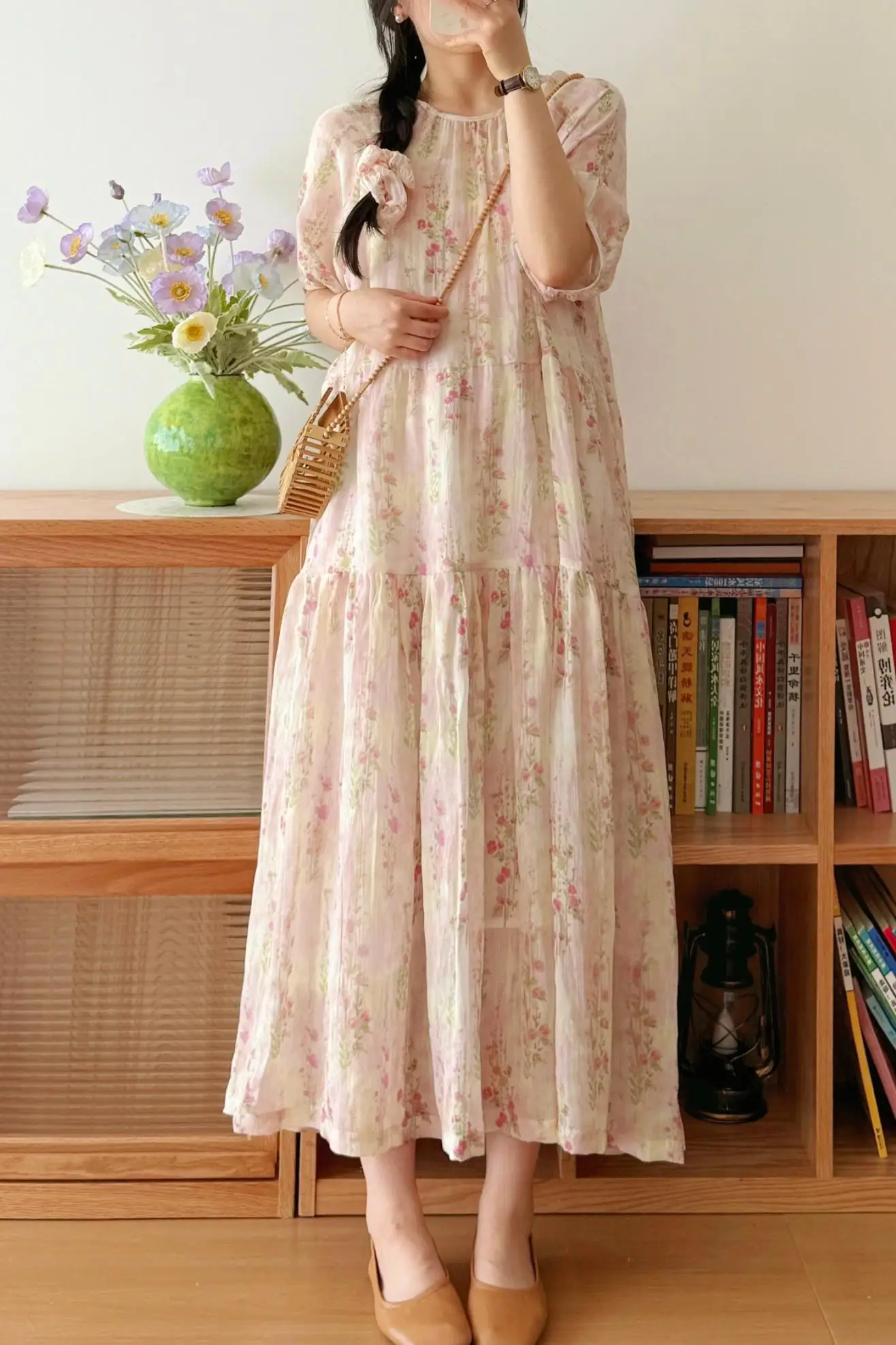 Abito estivo da donna 2025 in cotone e lino floreale Abito lungo ampio e sottile Boho Casual Beach