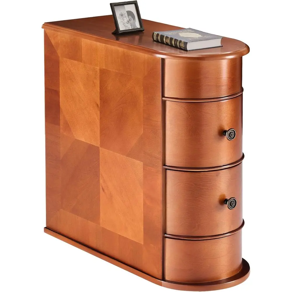 منضدة خشبية بنية عتيقة مع درجين، حافة منحنية، منظم رفيع لغرفة المعيشة وغرفة النوم