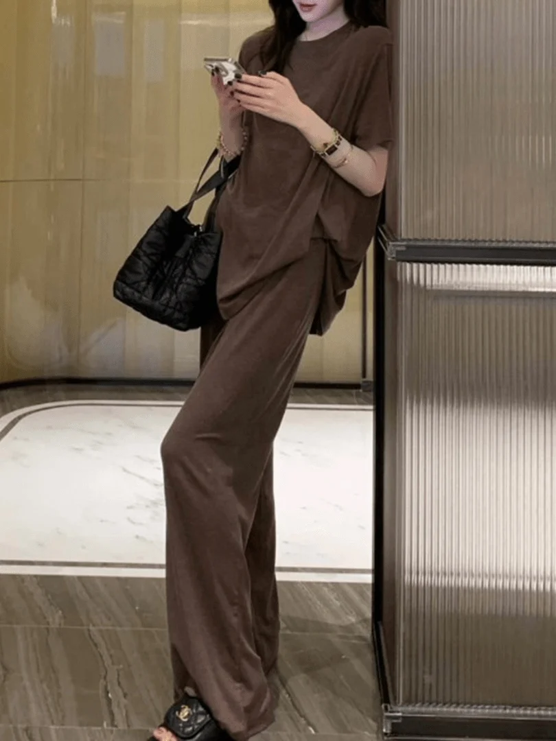 

Ladies' Pure Color Set High Waist Short Sleeve round Neck T-Shirt Top Wide Leg Pants Two-Piece Set Summer New Style Lazy Style