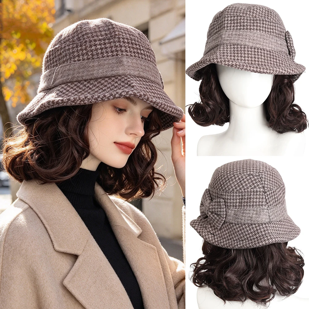 Synthetic 12 inch plaid fisherman hat short curly hair wig brown princess curly roo cold warm horse roll Christmas gift