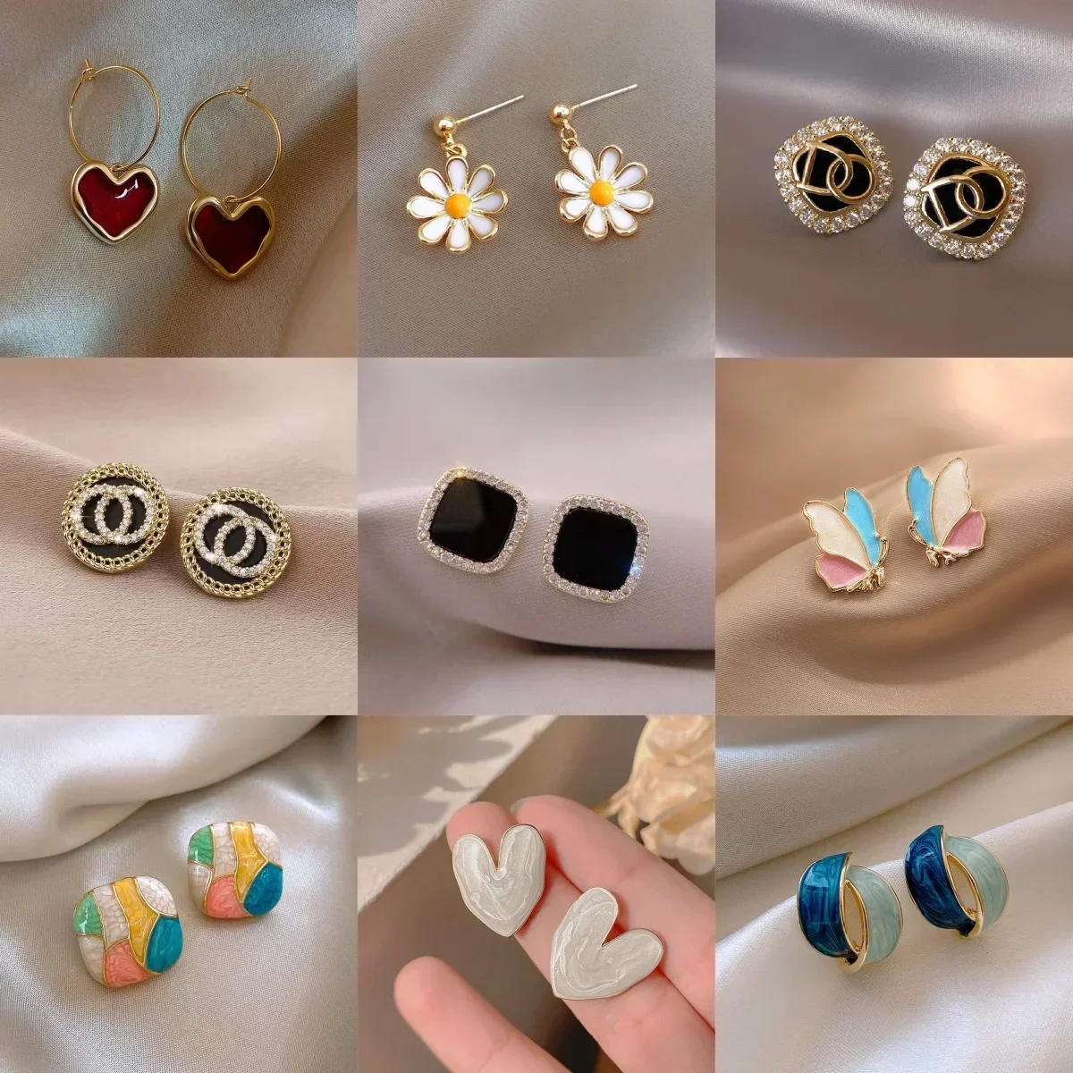 Black Enamel Glaze Blue Red Heart Round Flowers Square Face Daisy Cat Butterfly Drop Earring for Women Korean Jewelry Trend Gift