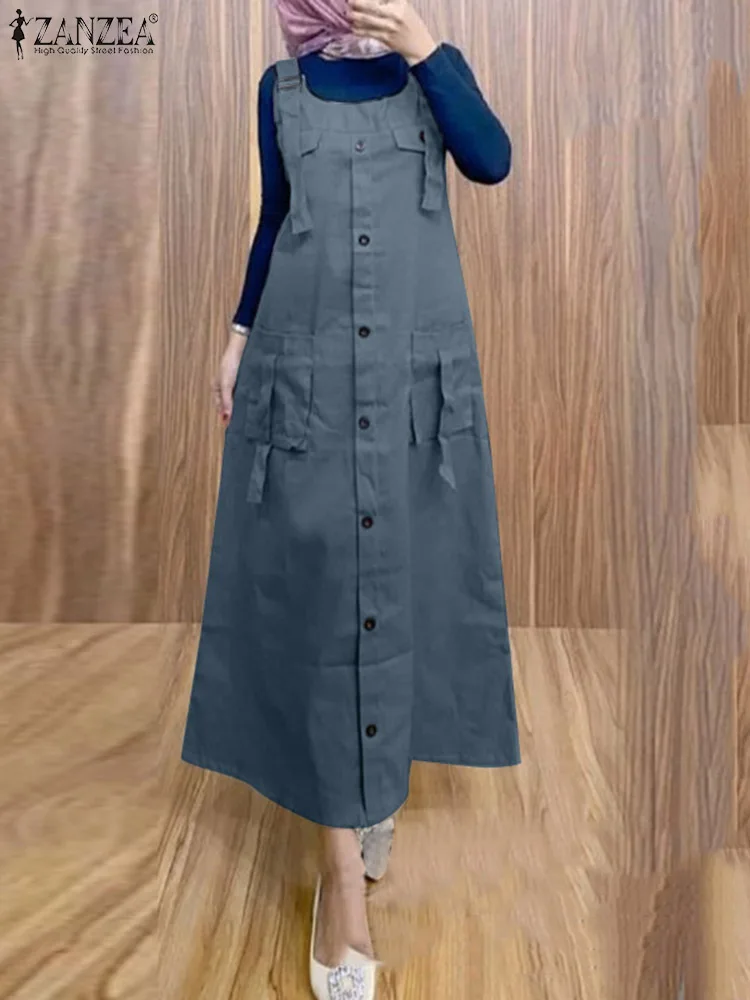 Autumn Women Overalls Dress Vintage Spaghetti Strap Solid Muslim Sundress 2024 ZANZEA Robe Femme Dubai Turkey Islamic Clothing