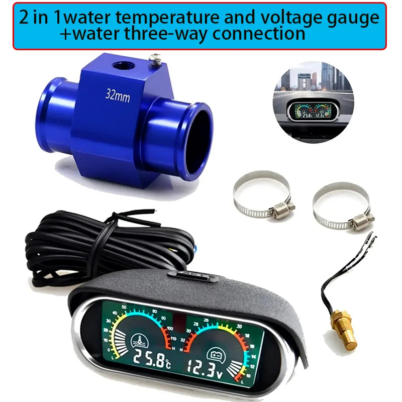 Wskaźnik temperatury wody i napięcia 2w1 LCD do samochodu/ciężarówki z czujnikiem 1/8NPT, trójdrożne złącze wodne, 12V/24V
