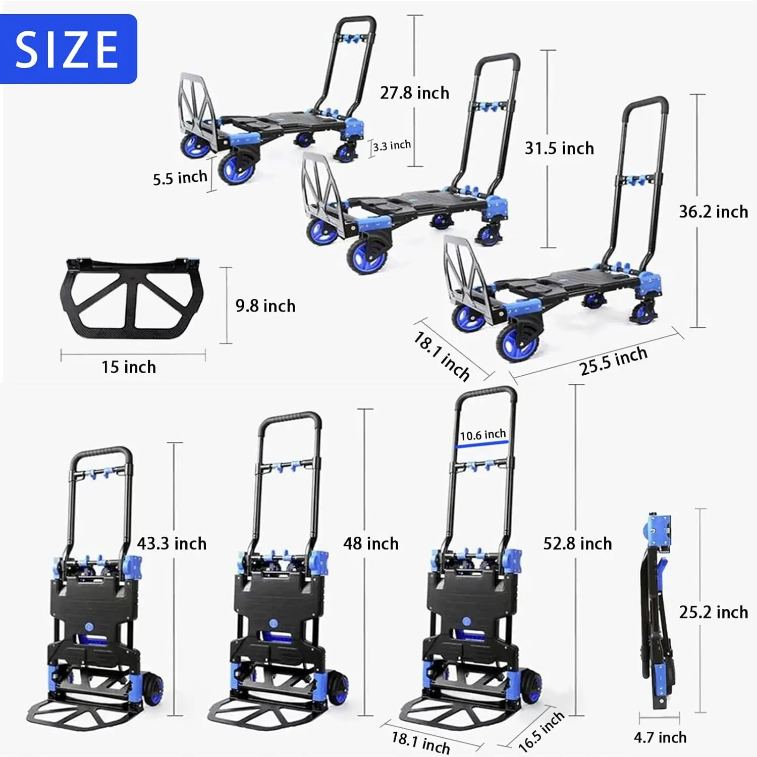 Folding Hand Truck Dolly with Folding Basket with Wheels 2 in 1 Platform Truck Push Cart Dolly with 4 Wheels Retractable Handle