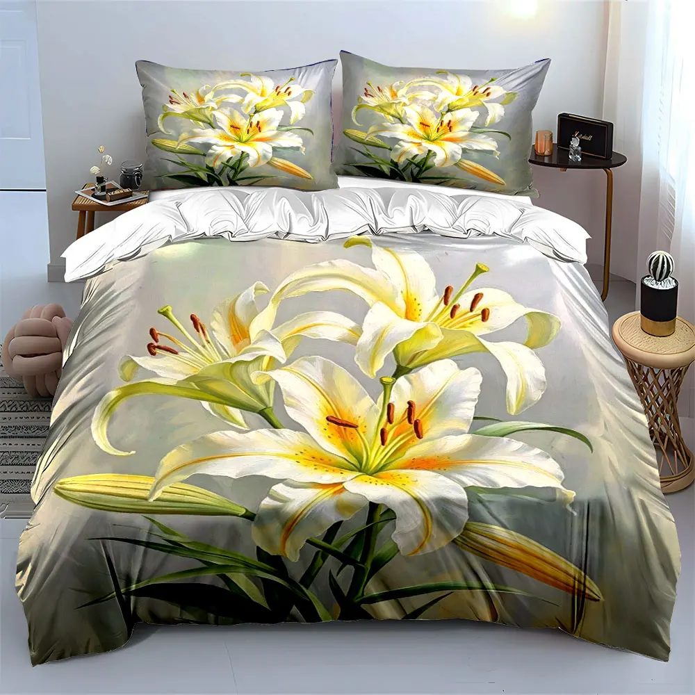 White Lily Flower Oil Painting Bedding Set, Fresh Watercolor Blooming Lilies Floral Print Duvet Set For Women Romantic Bedroom