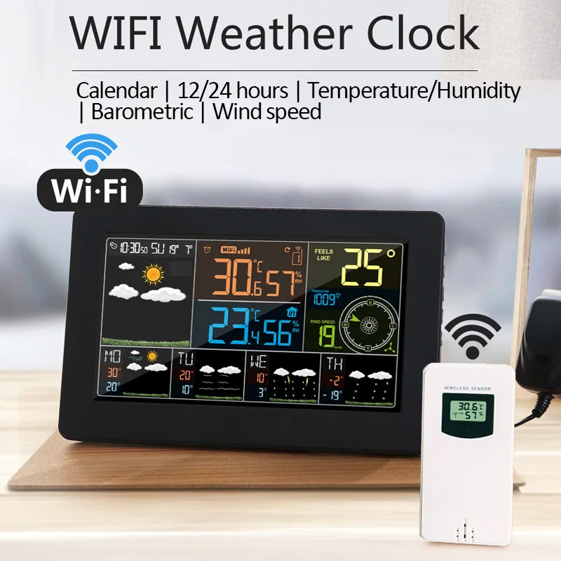 Wifi Color Screen Weather Station Digital Alarm Clock Indoor Outdoor Temperature Humidity Sensor Pressure Wind Weather Forecast