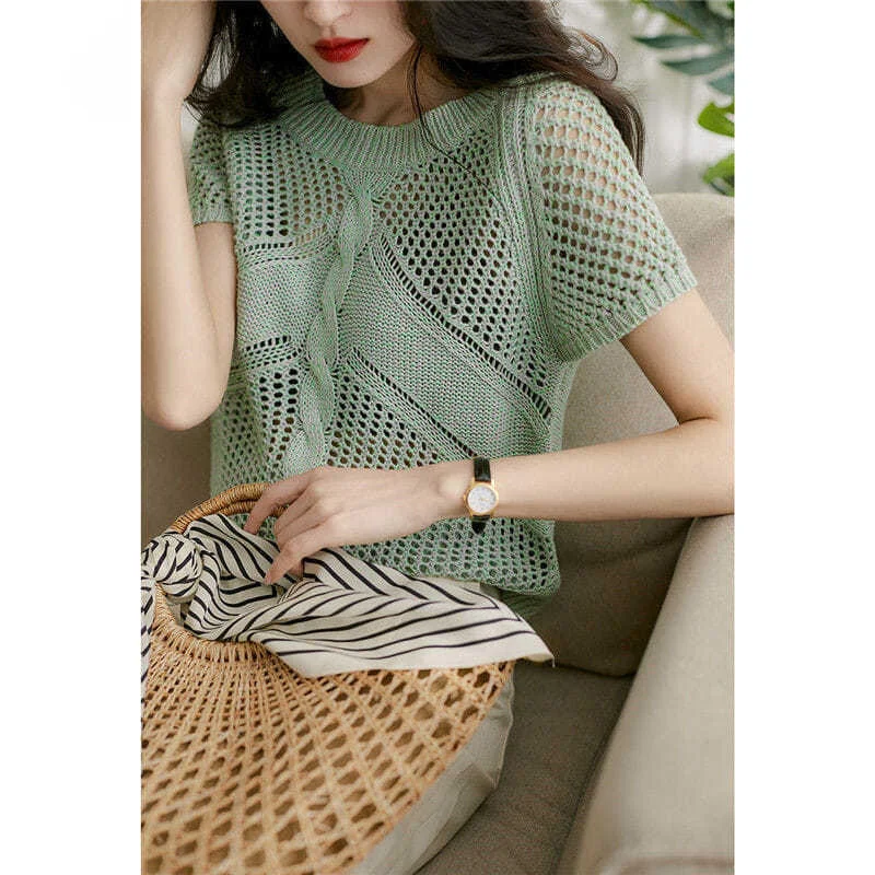 Stylish O-Neck Knitted Loose Hollow Out Blouse Female Clothing 2023 Summer New Casual Pullovers Tops Short Sleeve Korean Shirt