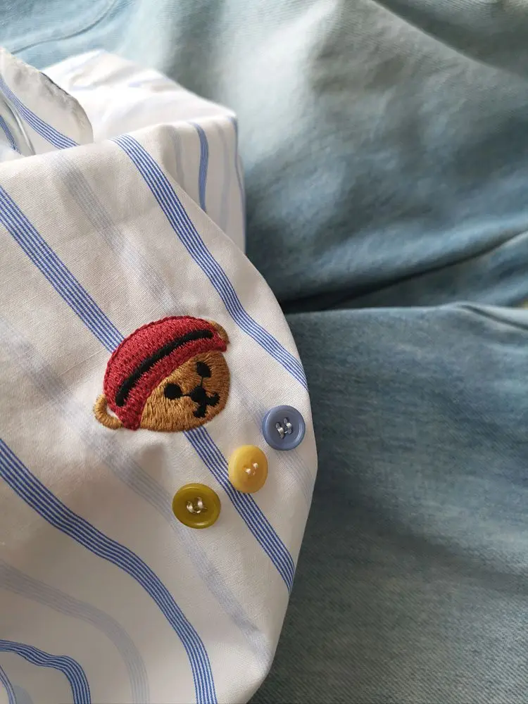 Women's Spring Fall Cotton Loose Vertical Stripe Bear Embroidered Colorful Button Sun Shirt Lightweight UV Protective Blouse Top