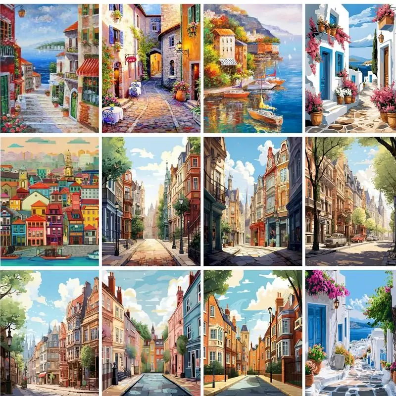 

GATYZTORY Acrylic Paints Town Landscape Picture Drawing On Canvas HandPainted Oil Painting Coloring By Number Kits Home Wall Dec