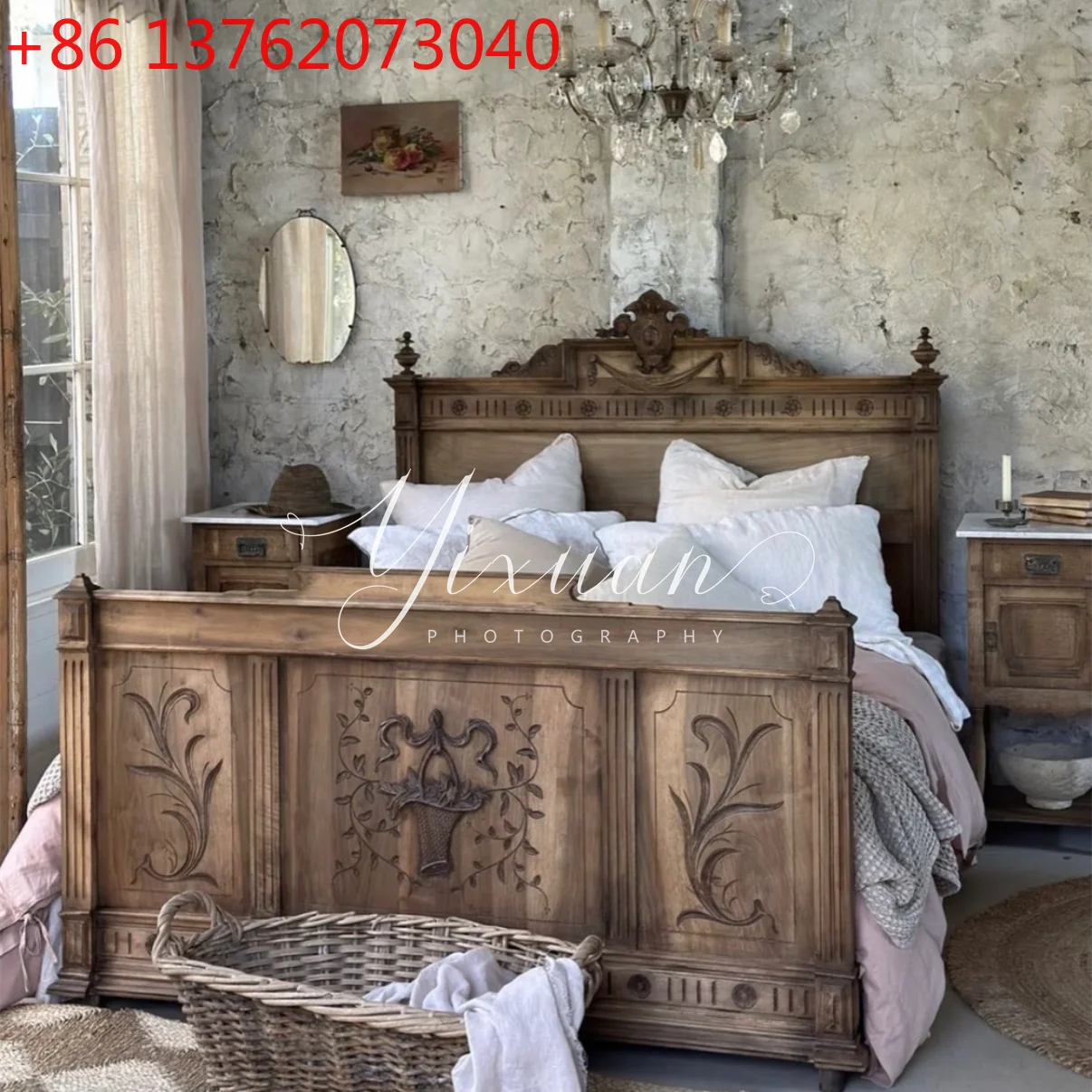 

Американская ретро-резьба из массива дерева, старая двуспальная кровать для главной спальни длиной 1,8 метра