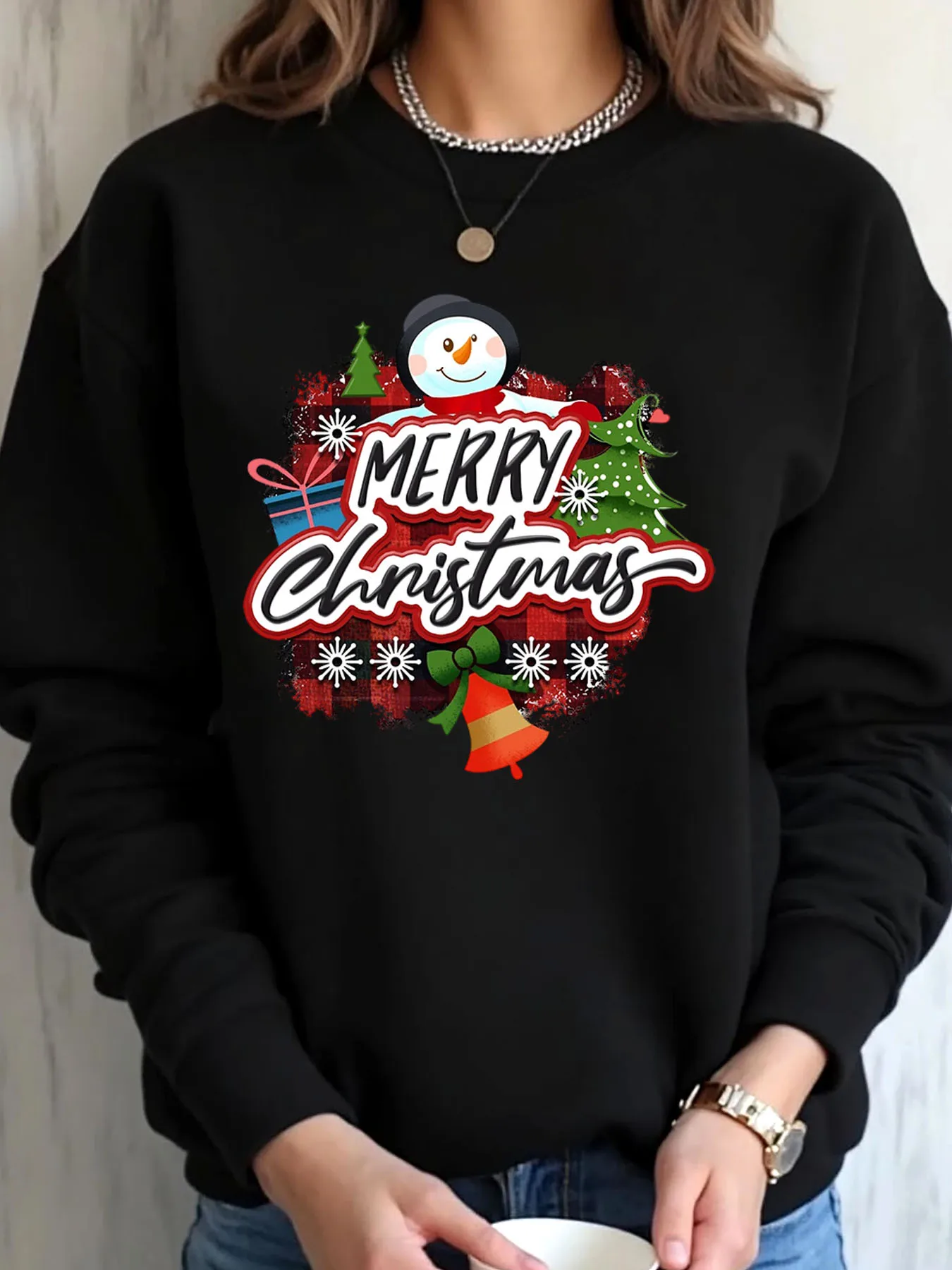 

Женская толстовка большого размера с рождественским снеговиком и принтом в виде колокольчика, веселая рождественская уличная одежда