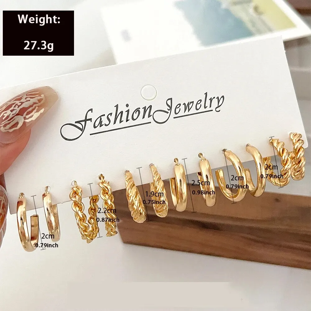 6Pairs/Set Simple Fashionable Metal Geometric Twisted Wire Hoop Minimalist Style Women\'s Earrings Gift For Vacations Or Dates