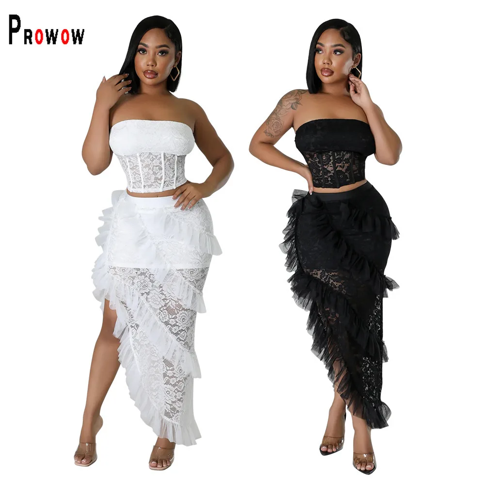 Prowow Two Piece Elegant Women's Suits Lace Crop Tops Irregularity Skirts Summer Slim Fit Sexy Birthday Party Wear Solid Color