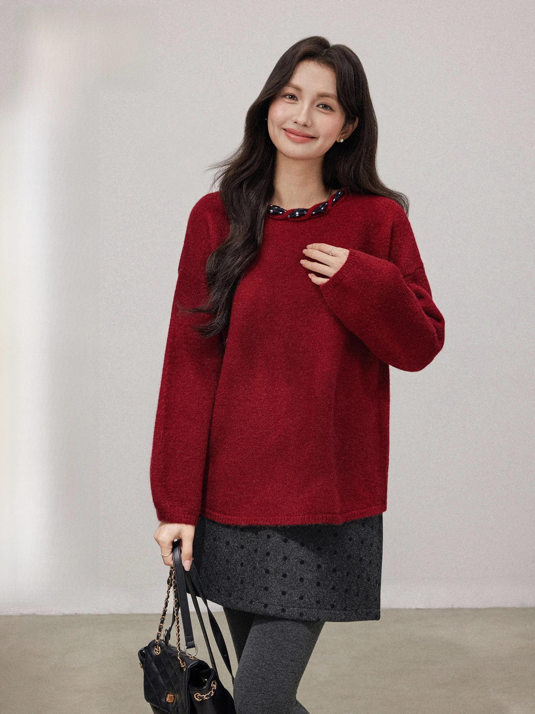 

Красный шелковый шарф в горошек, вязаный свитер, женский свободный рукав на осень-зиму, Новый год, повседневный топ Bystander Luy Year