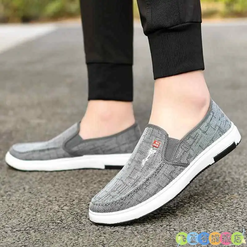 

Beijing Dad Breathable Canvas Slip-On Casual Shoes Men's Summer Airy Footwear Flat Heel round Toe Rubber Outsole Simple Style