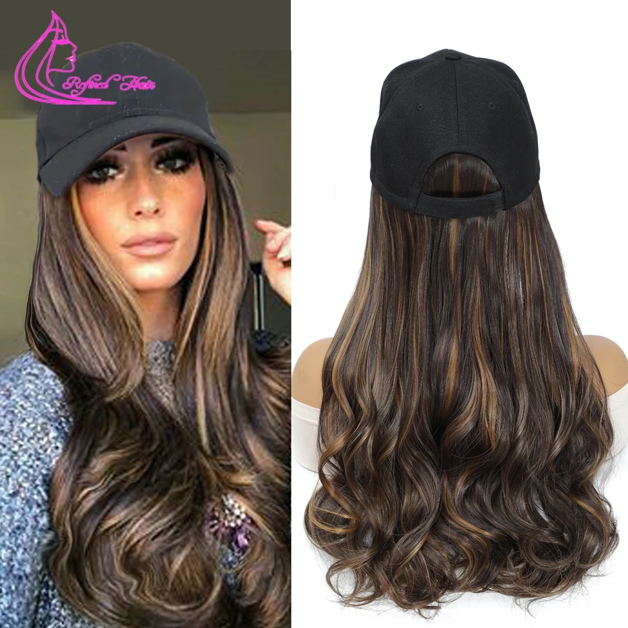 

Baseball Cap with 18" Long Synthetic Wavy Hair Extensions for Women Natural Hairstyle Adjustable Cap Curly Hair Mix brown color