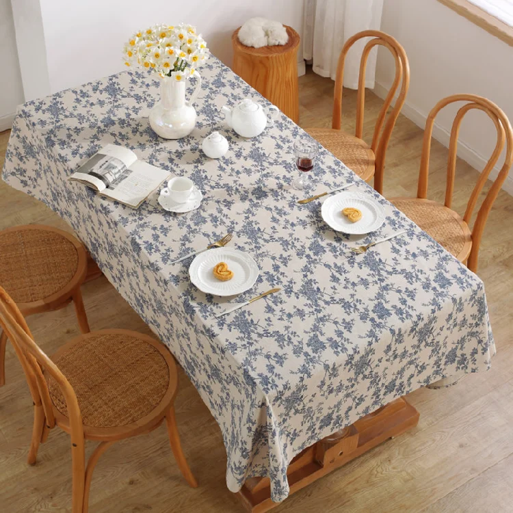 

Fashionable Cotton Linen Tablecloths Blue Floral Pastoral Style Toile De Jouy Fabric For Slipcovers