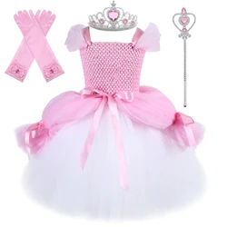 Pink Aurora Costume for Girls Sleeping Beauty Tutu Dress Kids Halloween Outfit Birthday Party Princess Dresses Layered Ball Gown