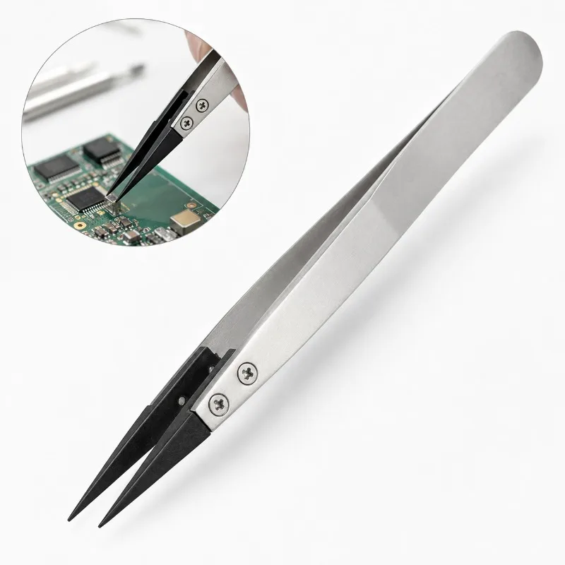 1 Piece Anti-Static ESD Tweezers Replaceable Tweezers Tips Stainless Steel Body Carbon Fiber Conductive Plastic Tweezers