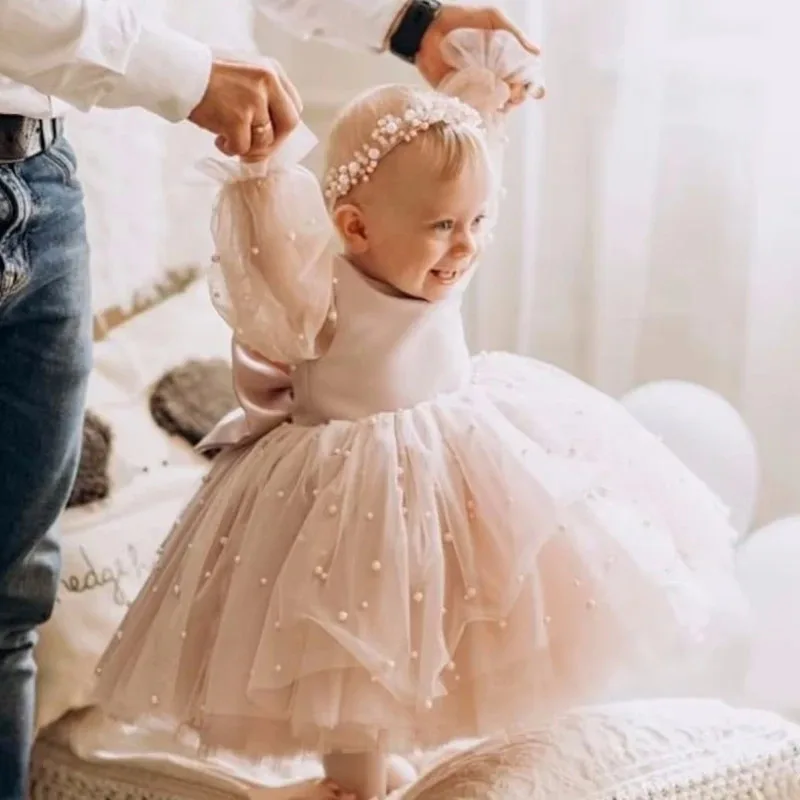 Vestidos de niña de flores, falda de perlas hinchada de tul rosa polvoriento con lazo, manga larga para boda, fiesta de cumpleaños, vestidos de primera comunión