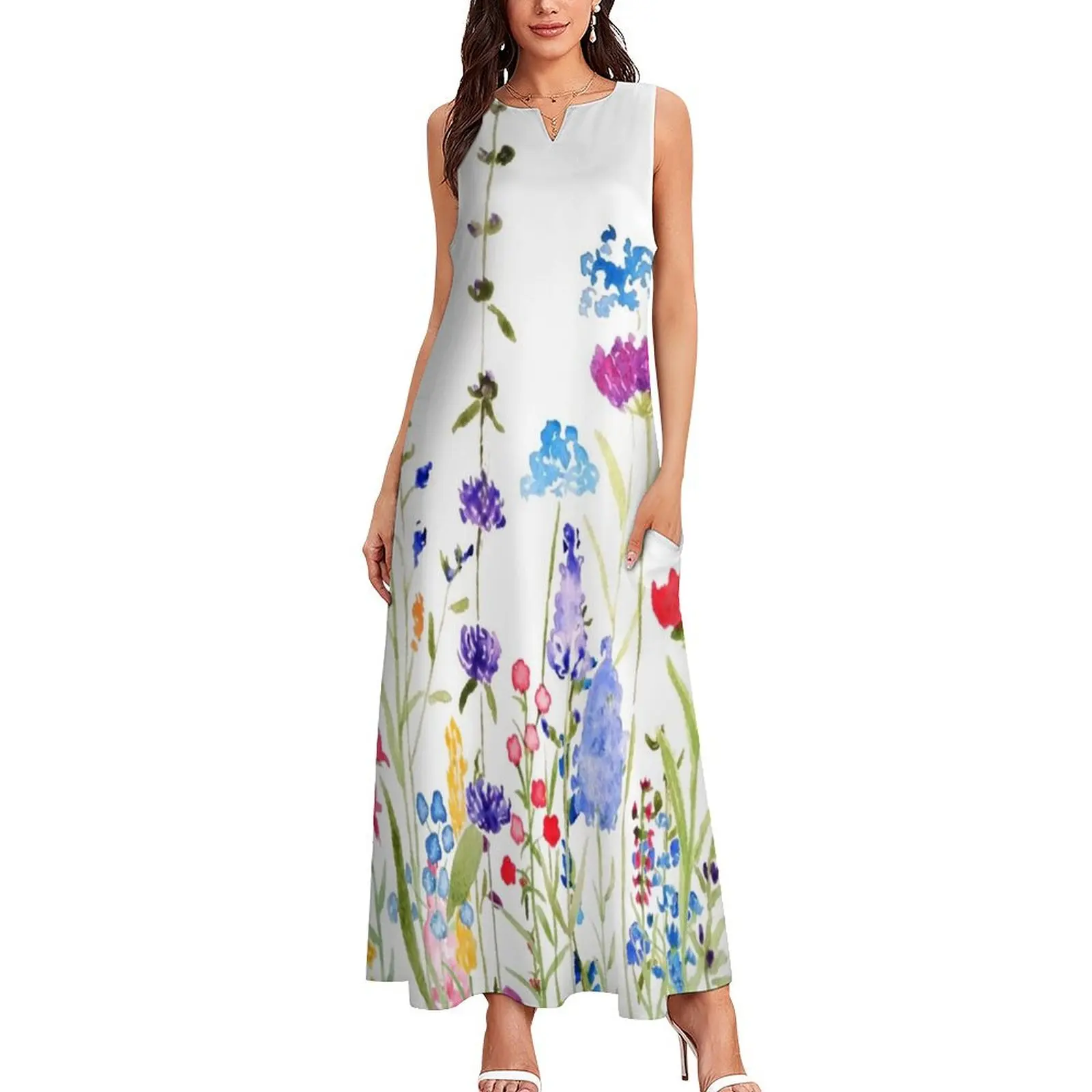 hand painted colorful wild flowers watercolor painting Long Dress Women's summer suit dress for women Dress