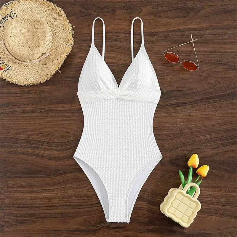 Sexy White Textured Swimwear One Piece Swimsuit Women 2024 Cross V Neck Bathing Suit Swimming Wear Bather Beach Bodysuits New