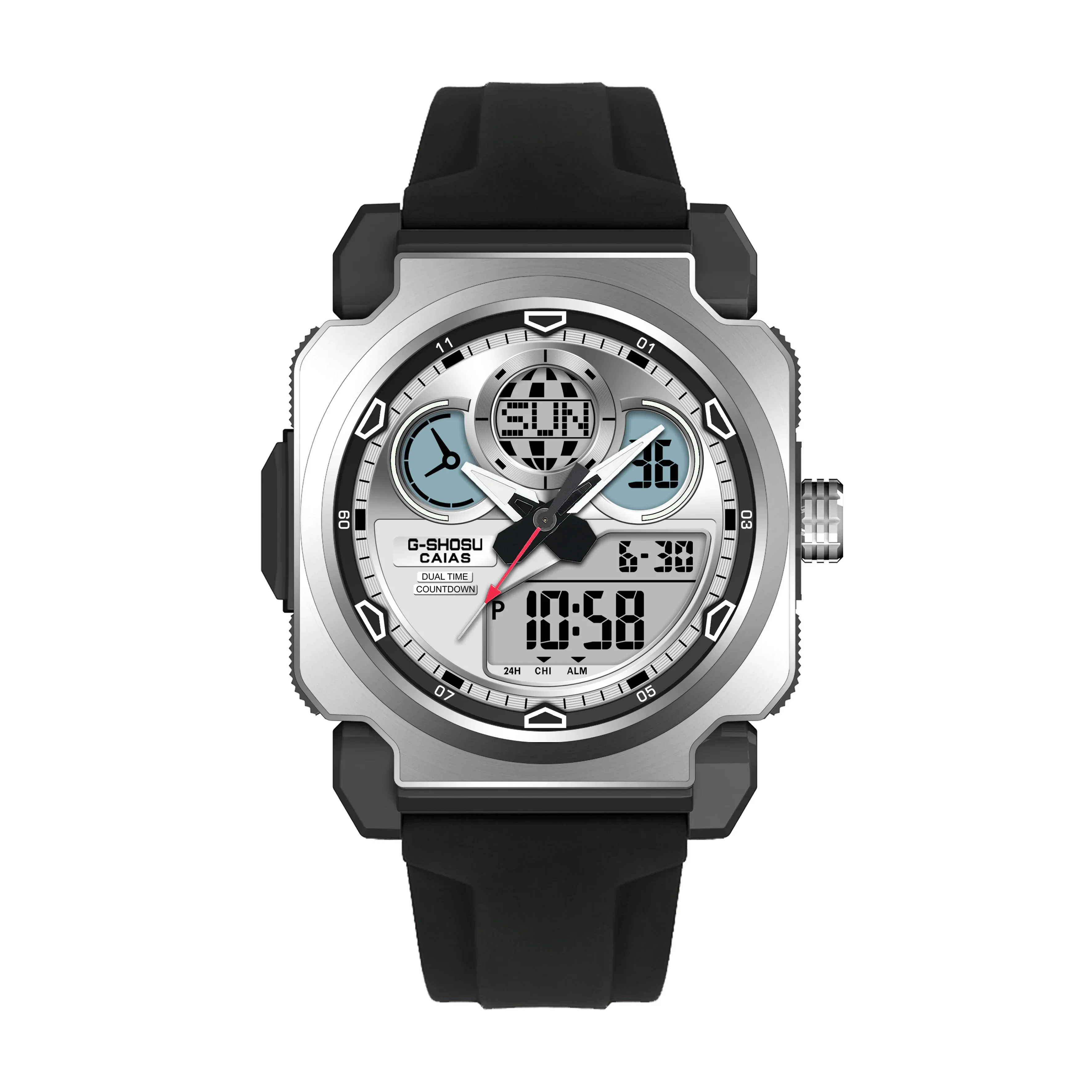 Men's Sport Electronic Digital GM Watch LED Dual Display World Time Fully Functional Alloy Square Dial Oak Series