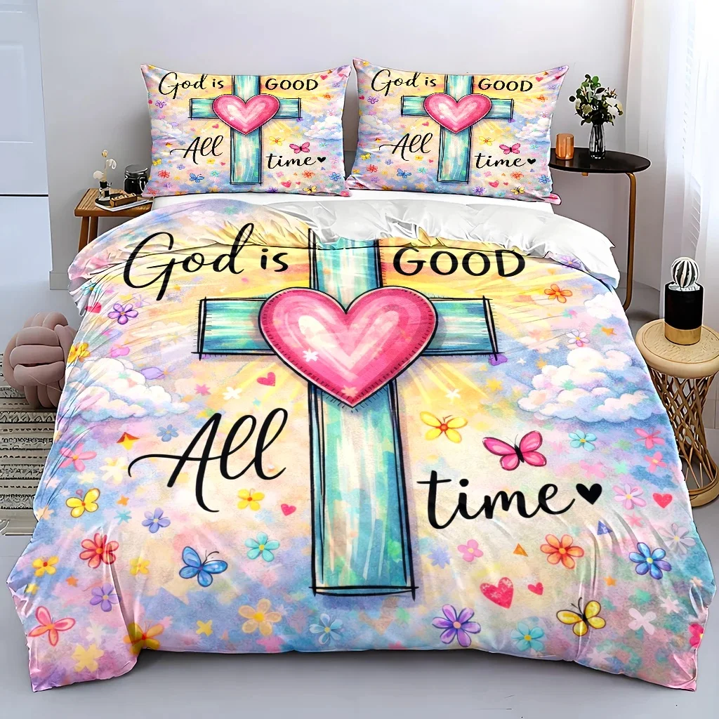 3Pc Christian-Themed Duvet Cover Set, Three-Piece Bed Set (1*Duvet Cover + 2*Pillowcases), God Is Good All Time Cross, Love, and Floral Design, Suitable for All Seasons, Machine Washable, Invisible Zipper, Large Double Bed Cover Set, Universal Bedding for Home, Dormitory, Master Bedroom, and Guest Room, Fresh and Dreamy Butterfly and Floral Pattern, Comfortable and Skin-Friendly Bedding Set