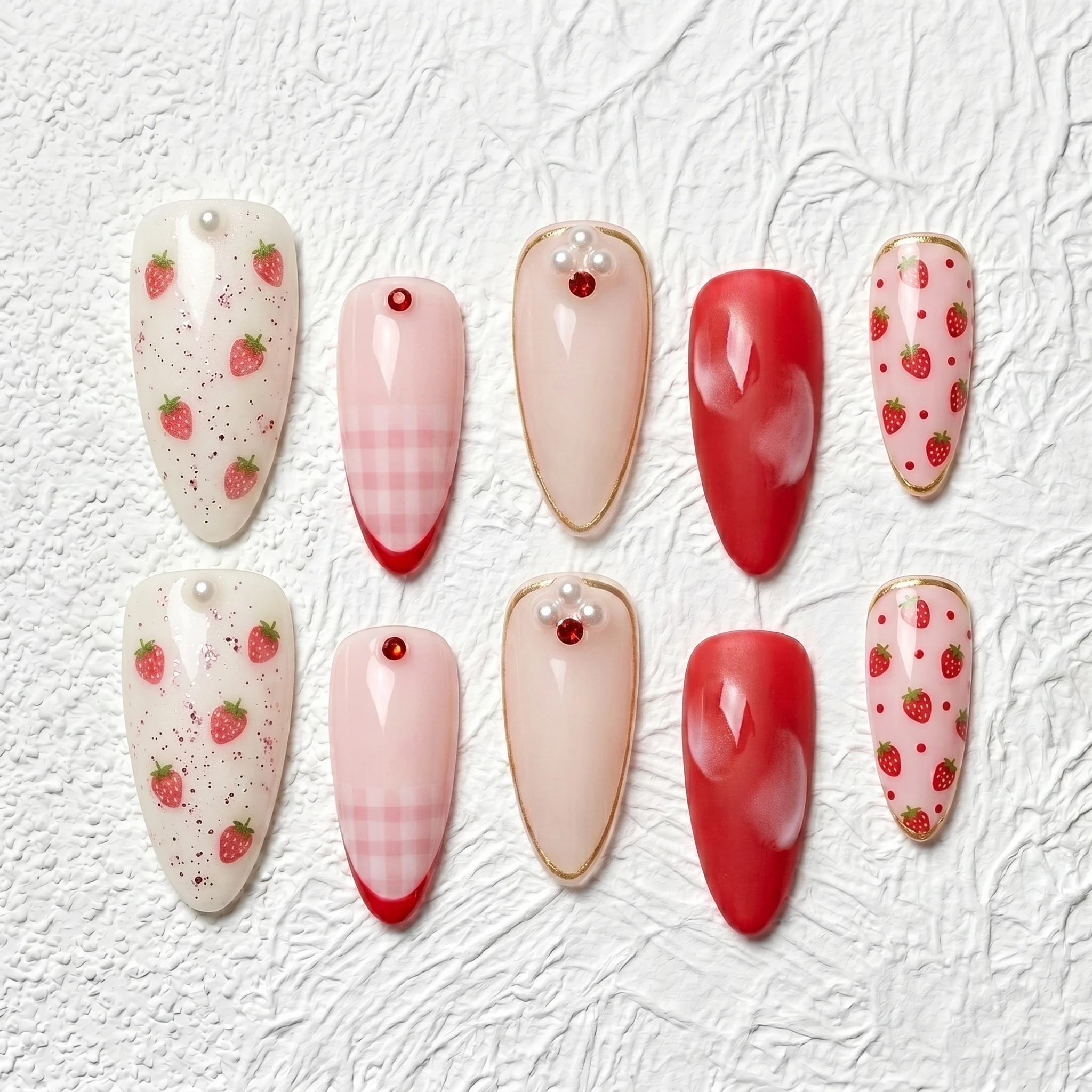 Artisan Handcrafted 10PCS Cute Coquette Almond Press-On Nails | Strawberry Prints, Pearls, Glitter, Party Wear Salon Finish