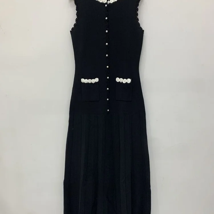 

MaSande Spring Summer New Ele Knitted Pleated Hem Color Blo Dr High Waist A-Line Skirt No Sve Floral Lace Collar