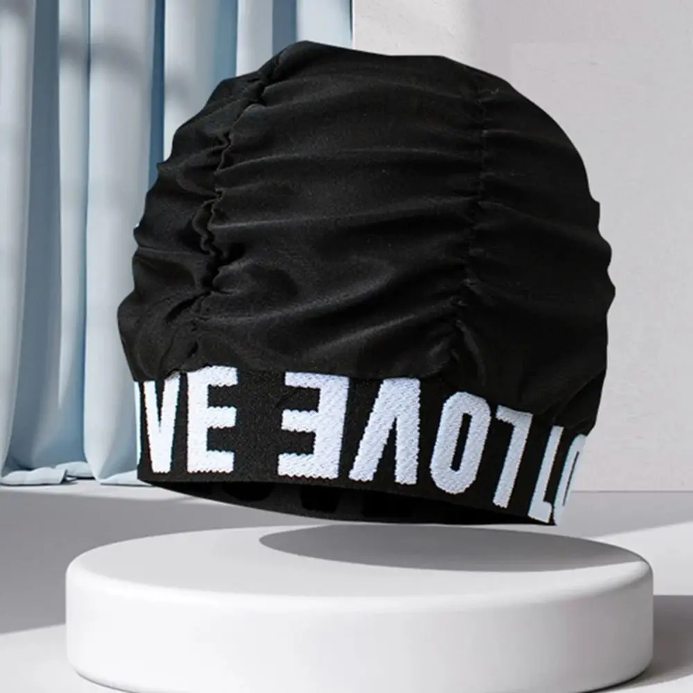 Letters Love Pleated Swimming Caps Spandex Pleated Love Printed Swimming Cap Long Short Hair Black Protect Long Hair Ears Caps