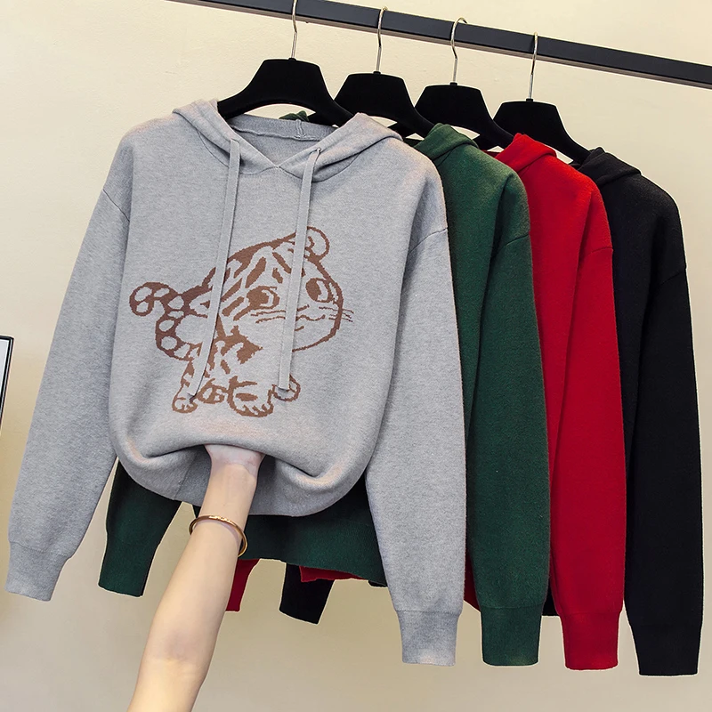 

Women's Clothing Hooded Knitting Sweater Print Long Sleeves Casual Korean Fashion Baggy Pullover Outerwear Tops Ladies Autumn