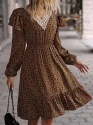 Eleganckie sukienki damskie Casual Fashion V-Neck Lace Pleated Long Sleeve Dress High Waist Polka Dot Print Urban Women's Midi Dress