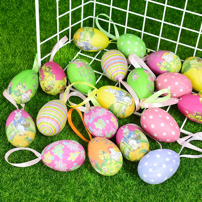 12pcs Easter Eggs Colorful Rabbit Painted Hanging Ornament DIY Easter Bunny Bird Egg Crafts for Home Happy Easter Party Supplies