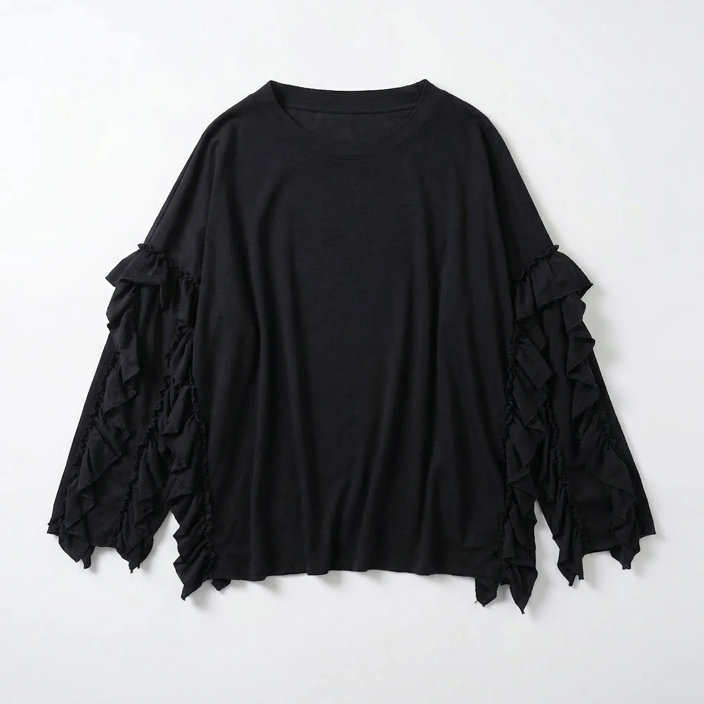 

IMAKOKONI Oversized Ruffle Sleeve Black T-Shirt Women Crew Neck Loose Casual Tops Street Style 255349