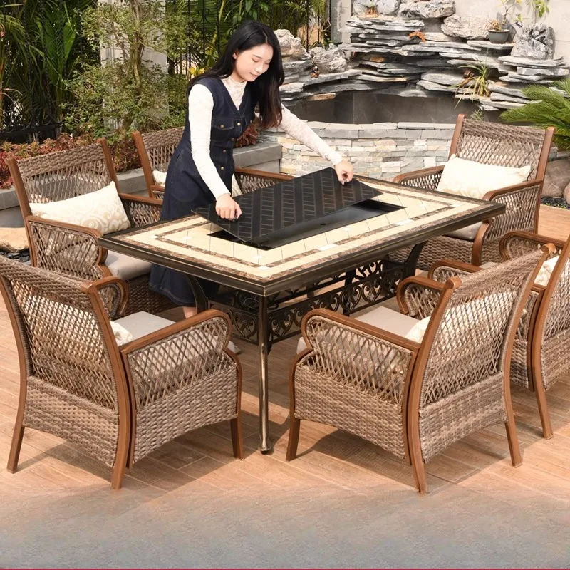 

Outdoor rattan chair rattan leisure courtyard balcony tea table combination outdoor yard garden villa terrace barbecue table and