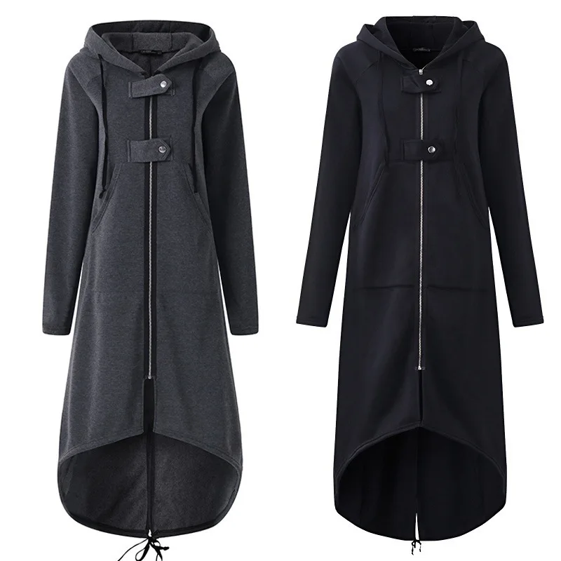 Windbreaker Women Hooded Long Sleeve Zipper Drawstring Casual Irregular Coat Casual Solid Long Trench 2021 Women Trench