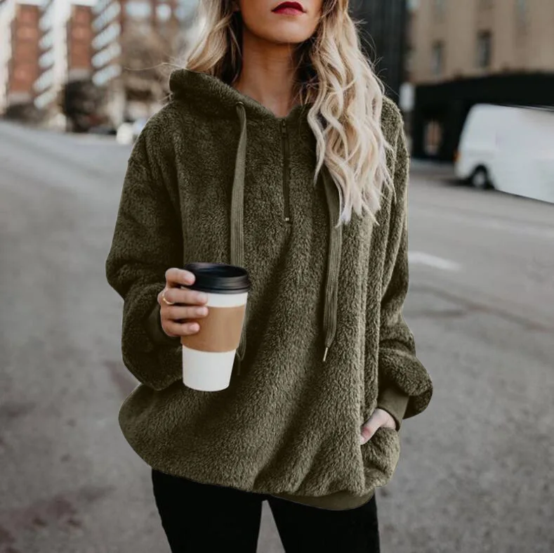 Women Casual Plush Hooded Sweatshirt Half Zip Drawstring Design Long Sleeve Front Kangaroo Pocket Relaxed Winter Pullover
