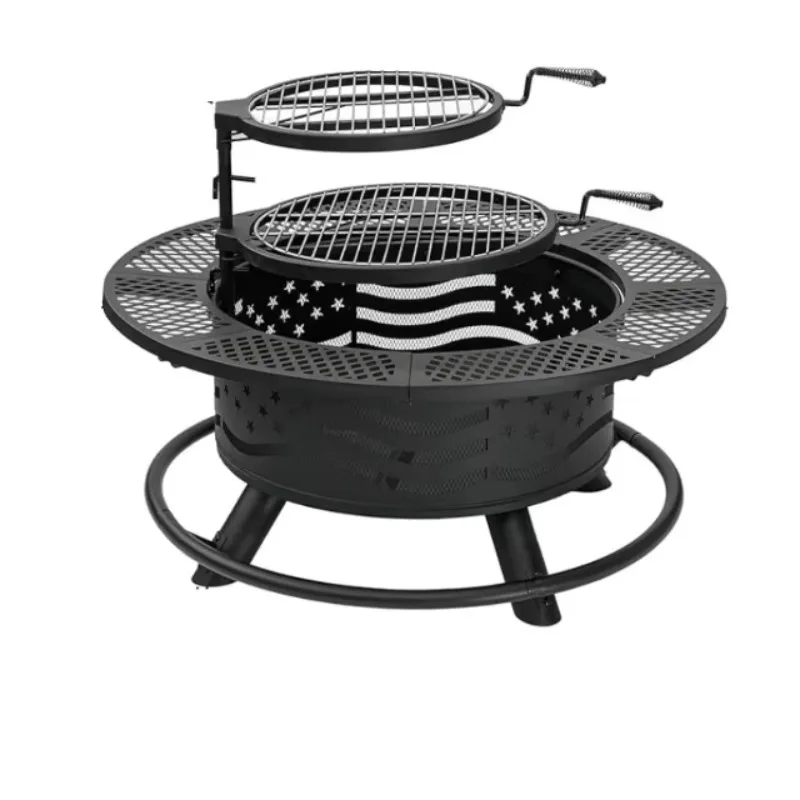 2026 Outdoor Steel Round Table Fire Pit With 2 Cooking Grates Cover Lid For Backyard Bonfire Patio Picnic Wood Burning BBQ Grill